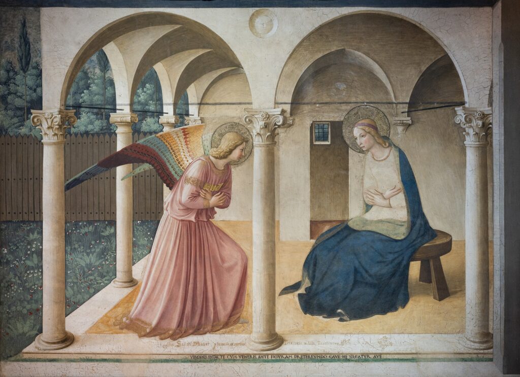 Fra Angelico, Annunciation, 1438–1450 Fresco, 90.5 × 116.9 in Museum of San Marco, Florence, Italy