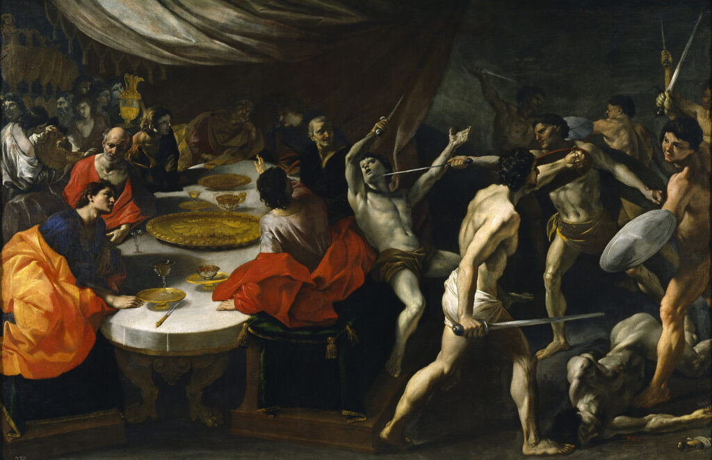Giovanni Lanfranco, Gladiators at a Banquet, c 1638 Oil on canvas, 91.3 × 139.8 in Museo del Prado, Madrid