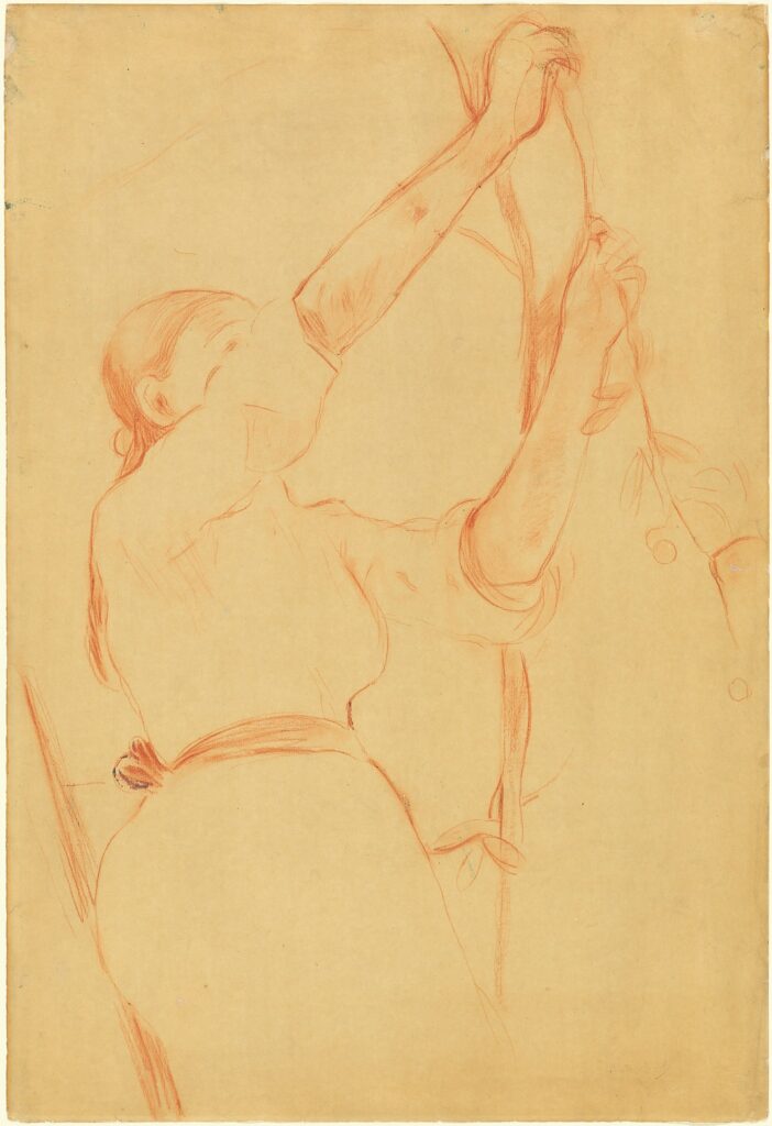 Berthe Morisot, Girl Picking Cherries, 1891nRed chalk with stumping on light brown paper, 29.3 × 20 innNational Gallery of Art, Washington, DC