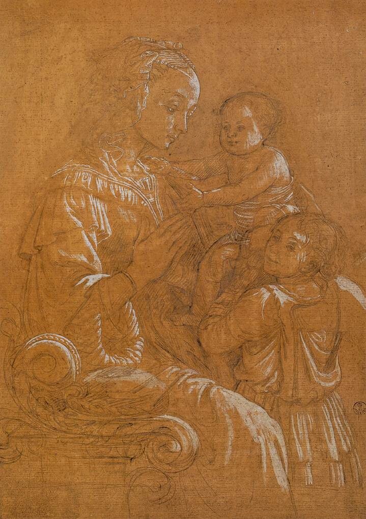 Filippo Lippi, Madonna with Child and Two Angels, 1465 Metalpoint, white lead, black chalk and brown wash on prepared orange-pink paper, 13 × 9.4 in Uffizi Gallery, Florence