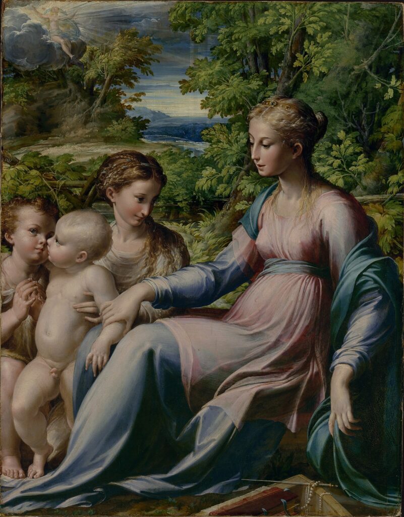 Parmigianino, Virgin and Child with Saint John the Baptist and Mary Magdalene, c 1535–1540 Oil on paper, laid down on panel, 29.9 × 23.5 in J. Paul Getty Museum, Los Angeles