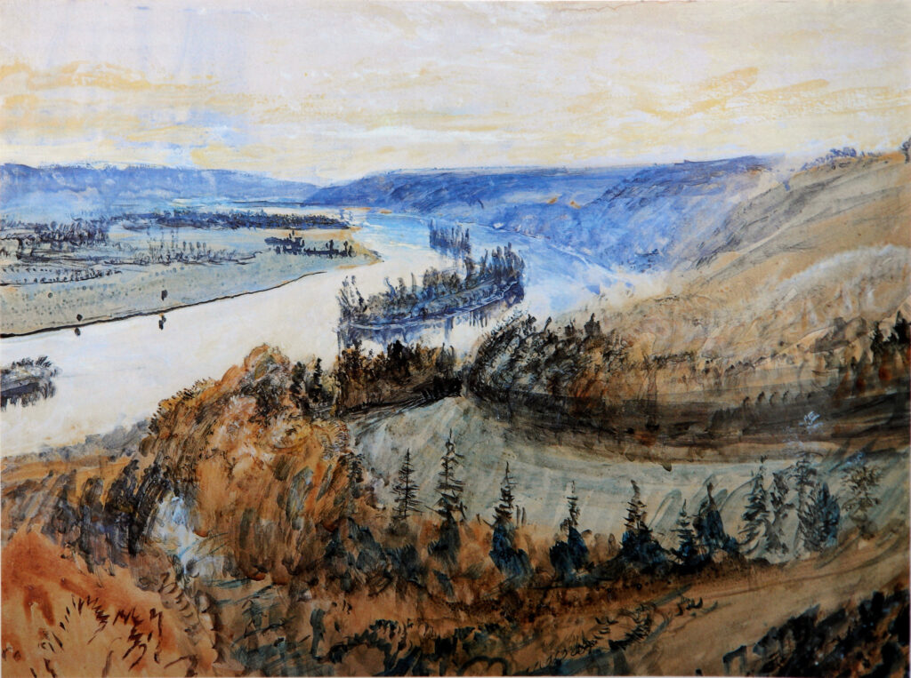 John Ruskin, Rouen: River Seine and its Islands from Canteleu, 1880 Watercolor, bodycolor and ink wash, 11.6 × 16.4 in The Ruskin, Lancaster University, UK