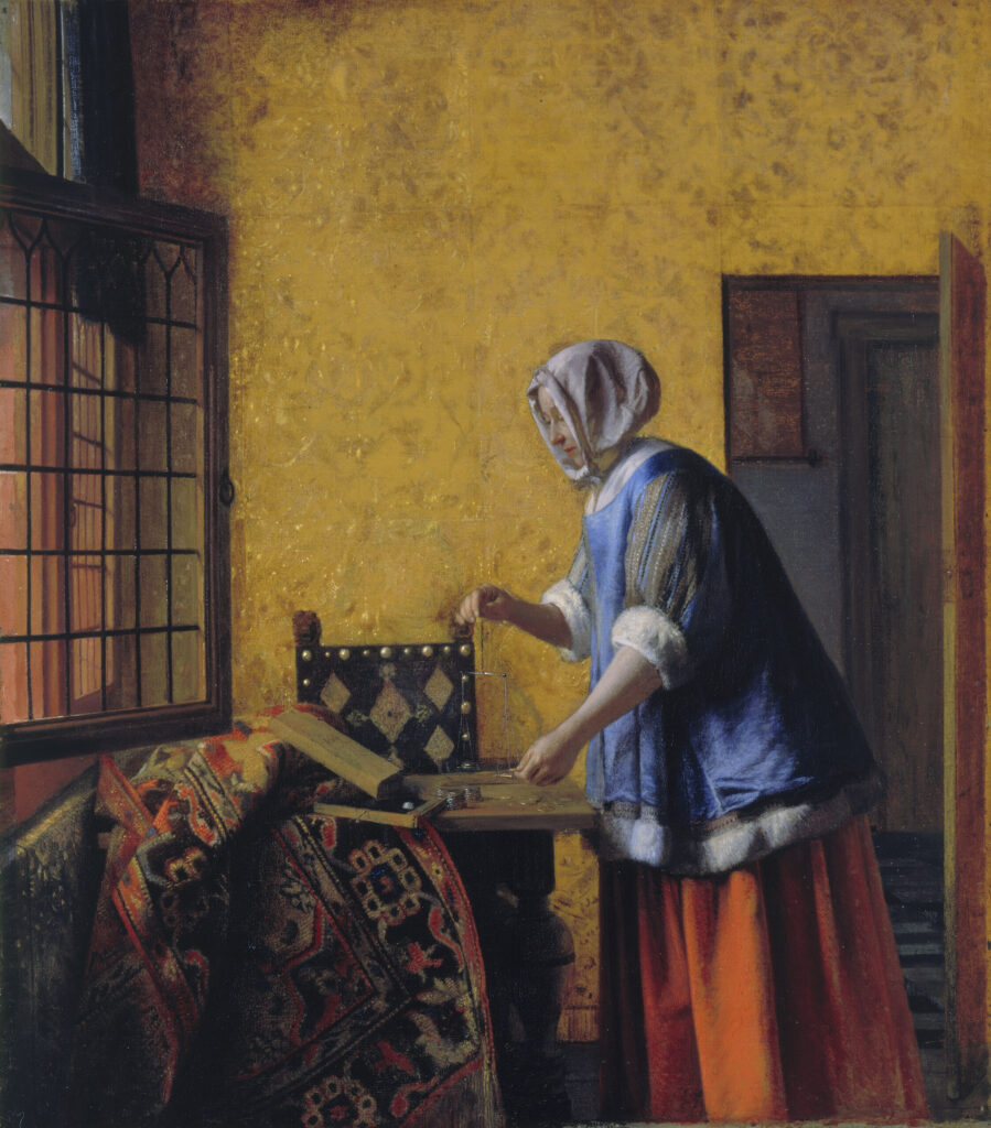 Pieter de Hooch, Woman Weighing Gold, c 1664 Oil on canvas, 24.8 × 21.6 in Gemäldegalerie, Berlin