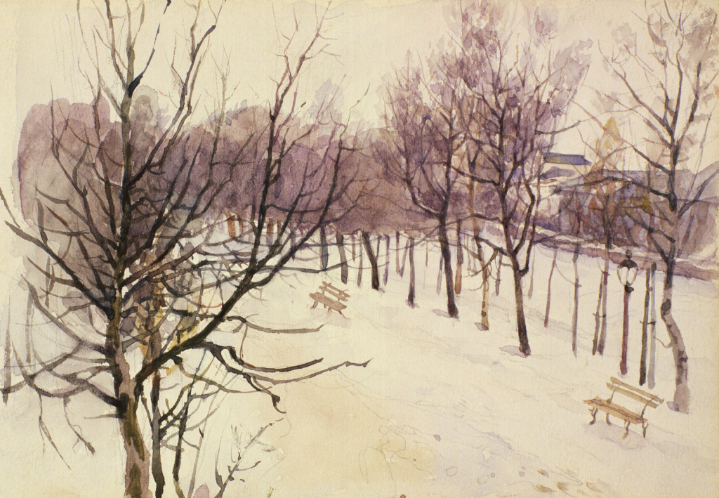 Vasily Surikov, Zubovsky Boulevard in Winter, 1880–1882nWatercolor on paper, 4.4 × 6.4 innTretyakov Gallery, Moscow