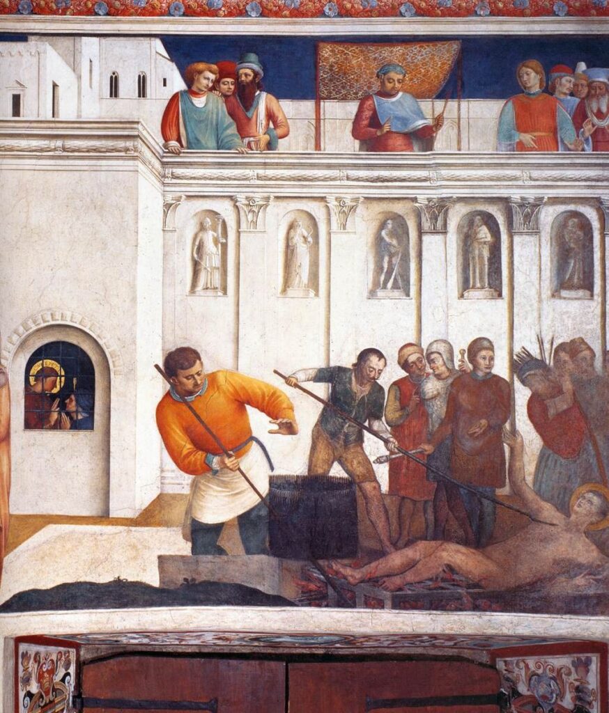 Fra Angelico, Martyrdom of St Lawrence, 1447–1449 Fresco, 106.6 × 92.9 in Niccoline Chapel, Vatican City