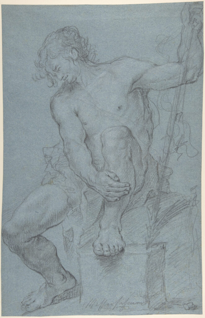 Franz Xaver Messerschmidt, Seated Male Nude Holding a Staff, mid-18th–late 18th century Black and white chalk on blue paper, 16.5 × 10.5 in The Metropolitan Museum of Art, New York