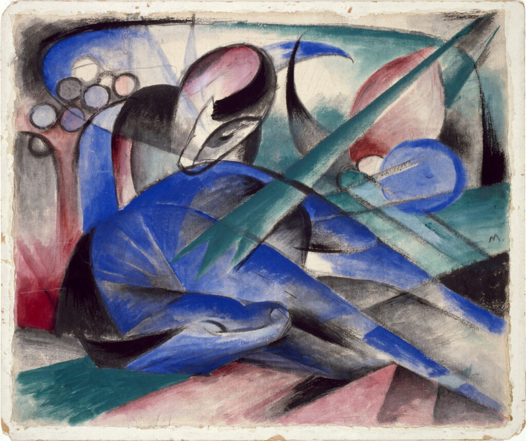 Franz Marc, Dreaming Horse, 1913 Watercolor, gouache, ink, and graphite on paper, 15.6 × 18.4 in Solomon R. Guggenheim Museum, New York