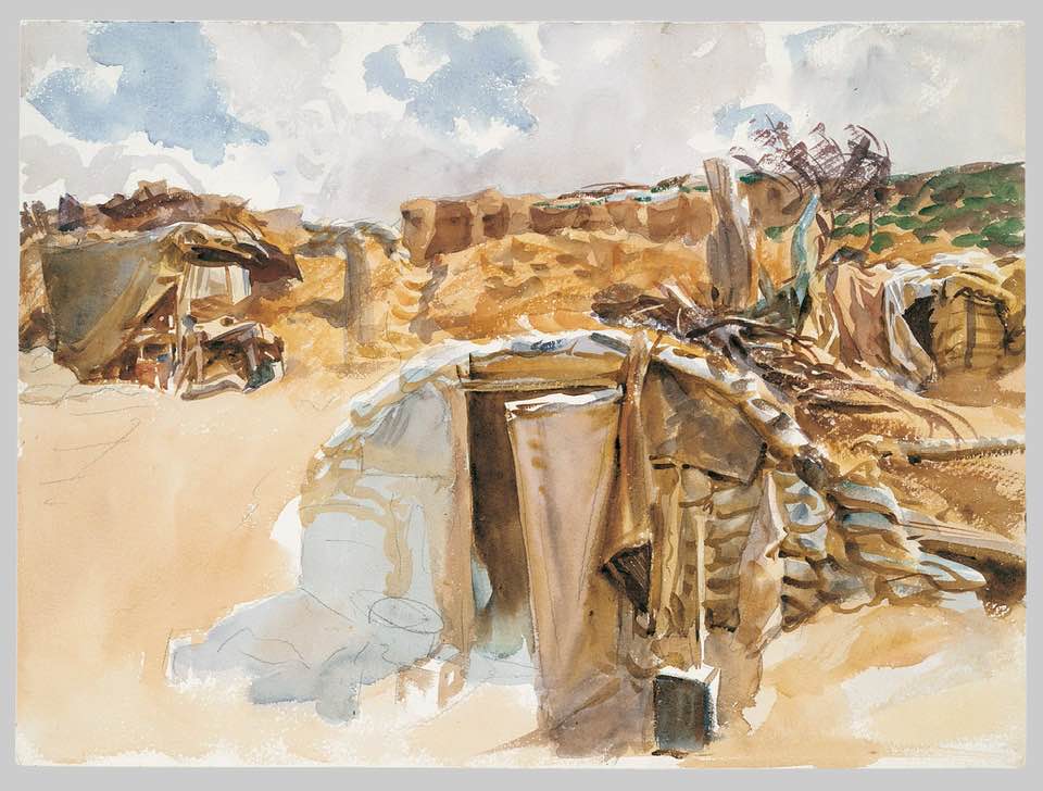 John Singer Sargent, Dugout, 1918nWatercolor and graphite on white wove paper, 15.3 × 20.9 innMetropolitan Museum of Art, New York