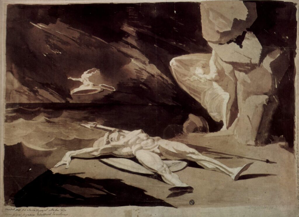 Henry Fuseli, Thetis Mourning the Body of Achilles, 1780 Brush and brown and brownish-red wash over graphite on paper, 16.1 × 21.9 in Art Institute of Chicago