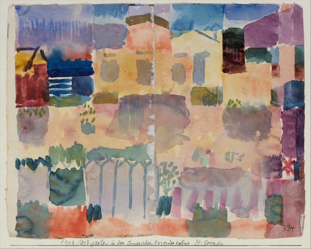 Paul Klee, Garden in St. Germain, The European Quarter Near Tunis, 1914 Watercolor on paper mounted on cardboard, 11 × 13 in Metropolitan Museum of Art, New York
