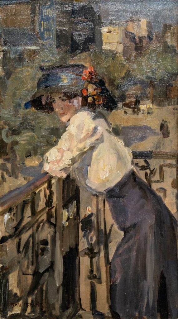 Isaac Israëls, Woman on a Paris Balcony, Undated Oil on canvas, 27.6 × 15.6 in Private Collection