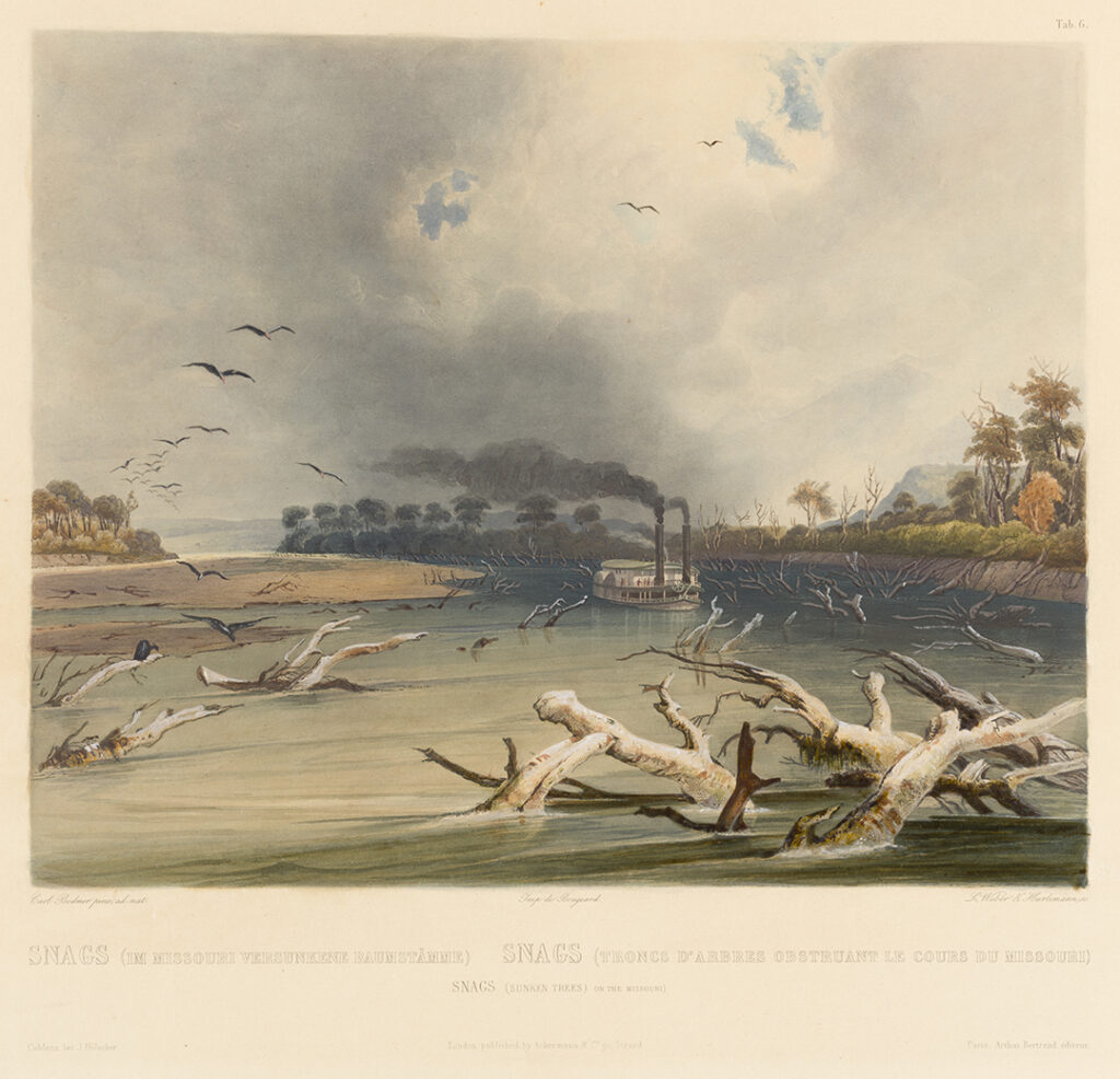 Karl Bodmer, Snags (Sunken Trees on the Missouri), 1839–1843 (publication; exact impression date uncertain) Hand-colored aquatint Crystal Bridges Museum of American Art, Bentonville