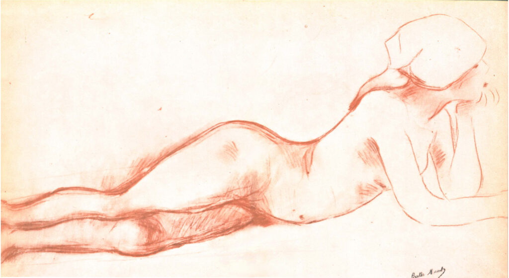 Berthe Morisot, Nude Study of a Reclining Peasant Girl, 1891nRed chalk, 5.9 × 9.1 in
