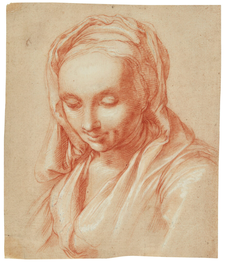 Abraham Bloemaert, Study of a Female Figure, Three-Quarter Length, date unknownRed chalk heightened with white, 8.2 × 6.9 inPrivate Collection