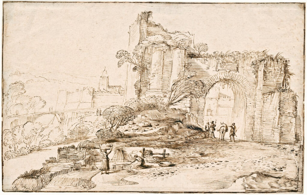 Guercino, Laundry Women at a Dilapidated Gate, 17th century Drawing, 9.9 × 11.9 in Leiden University Libraries