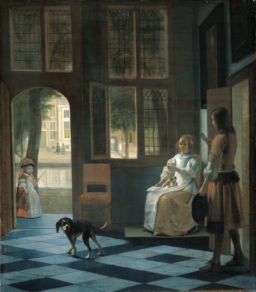 Pieter de Hooch, Man Handing a Letter to a Woman in the Entrance Hall of a House, 1670 Oil on canvas, 26.8 × 23.2 in Rijksmuseum, Amsterdam