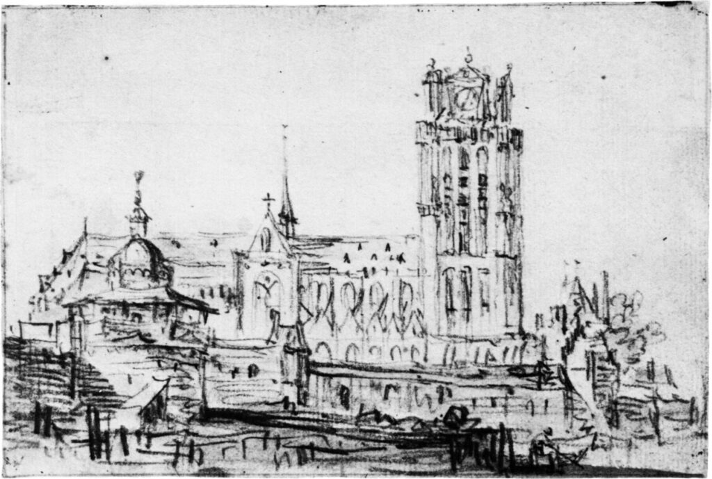 Jan Van Goyen, View of the Grote Kerk of Dordrecht, before 1648 Black chalk, pen and black ink, 4.2 × 6.2 in Museum Boijmans Van Beuningen, Rotterdam