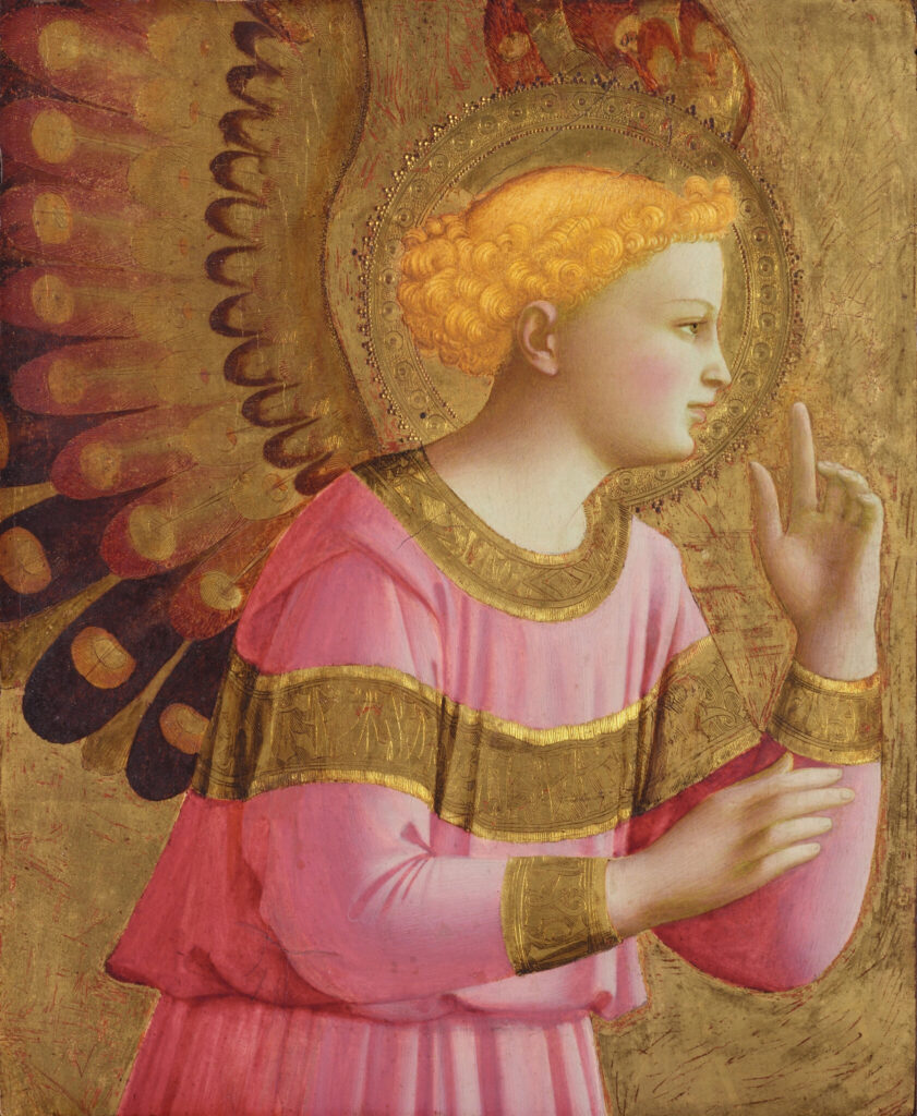 Fra Angelico, Annunciatory Angel (Angel of the Annunciation), 1450–1455 Gold leaf and tempera on wood panel, 13 × 10.6 in Detroit Institute of Arts, Detroit, Michigan