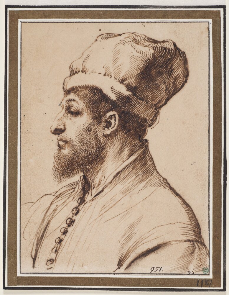Guercino, Bearded Man with a Hat, in Profile to Left, 17th century Pen and brown ink on paper, 6.5 × 4.9 in Nationalmuseum, Stockholm