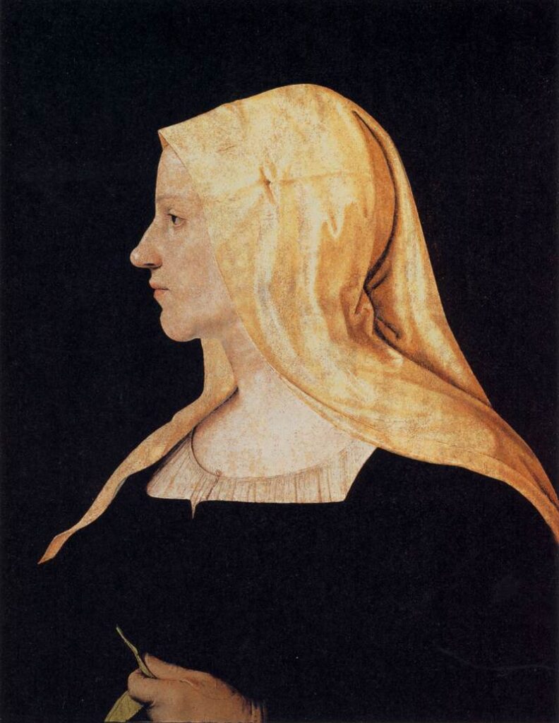 Piero di Cosimo, Portrait of a Lady, c 1503 Tempera and oil on paper, glued onto wood panel, 19.7 × 14.6 in Palatine Gallery, Florence