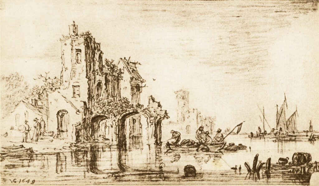 Jan Van Goyen, Ruins by the Water, 1649 Black chalk and India ink, 6.4 × 10.7 in Staatliche Museen zu Berlin