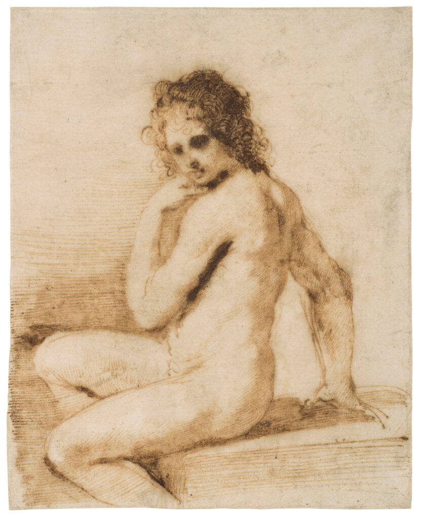 Guercino, A Seated Female Nude/Bathsheba, 17th century Pen and brown ink, red chalk, 9.1 × 7.3 in Private Collection