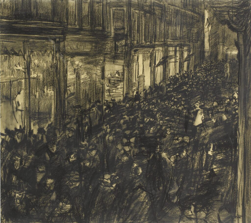 Isaac Israëls, The Kalverstraat Celebrating the Birth of Princess Juliana, May 1, 1909 Charcoal on paper, 21.7 × 24.6 in Private Collection