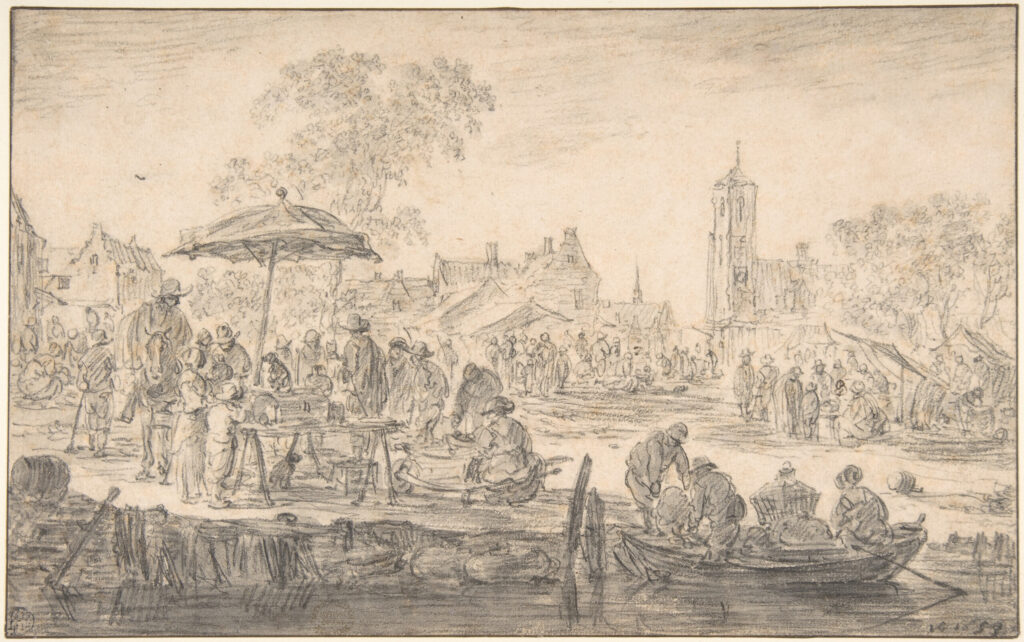 Jan Van Goyen, A Fair, 1653 Black chalk, brush and gray wash, 6.7 × 11.7 in Metropolitan Museum of Art, New York