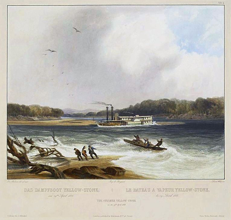Karl Bodmer, The Steamer Yellow-Stone on the 19th April 1833, 1844 (publication; exact impression date uncertain) Hand-colored aquatint Collection unidentified
