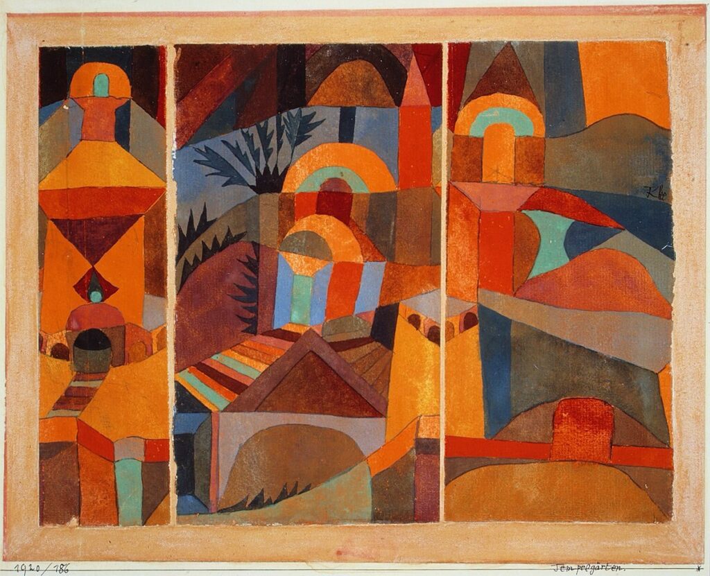 Paul Klee, Temple Gardens, 1920 Gouache and traces of ink on three sheets of paper mounted on paper and paperboard, 9.4 × 11.9 in Metropolitan Museum of Art, New York