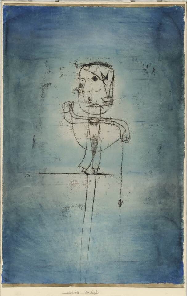 Paul Klee, The Angler, 1921 Oil-transfer drawing, watercolor and ink on paper with watercolor and ink borders on board, 19.9 × 12.5 in Museum of Modern Art, New York