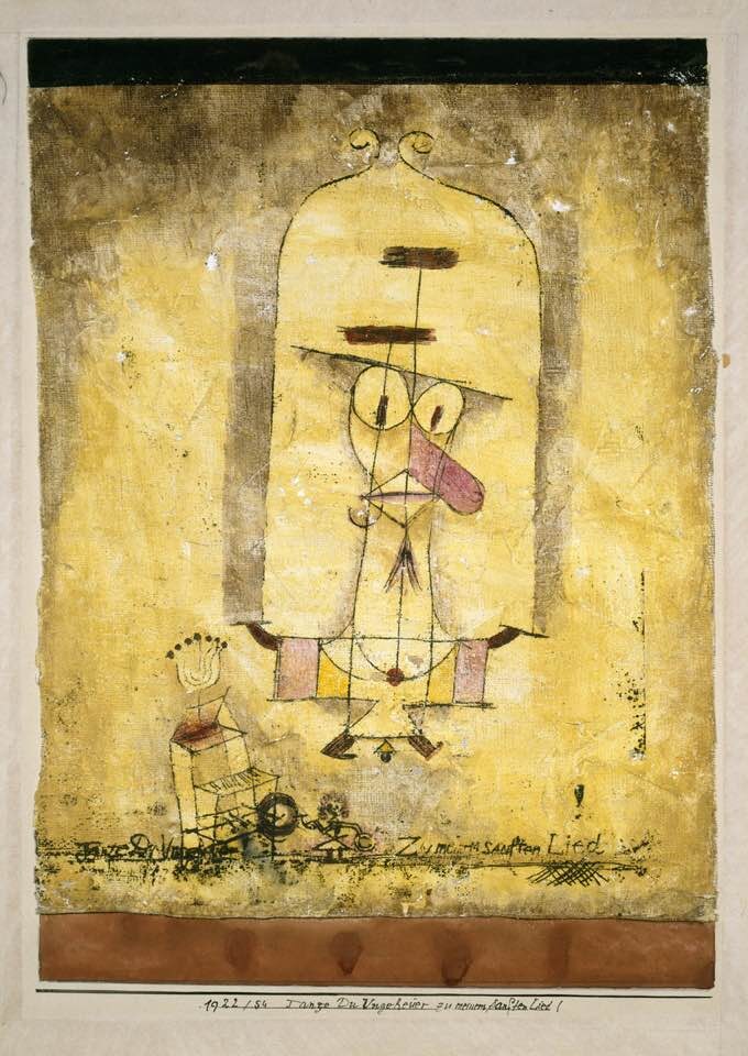 Paul Klee, Dance You Monster to My Soft Song!, 1922 Watercolor and oil-transfer drawing on plaster-primed gauze, with watercolor and ink on paperboard mount, 13.9 × 11.5 in Solomon R. Guggenheim Museum, New York