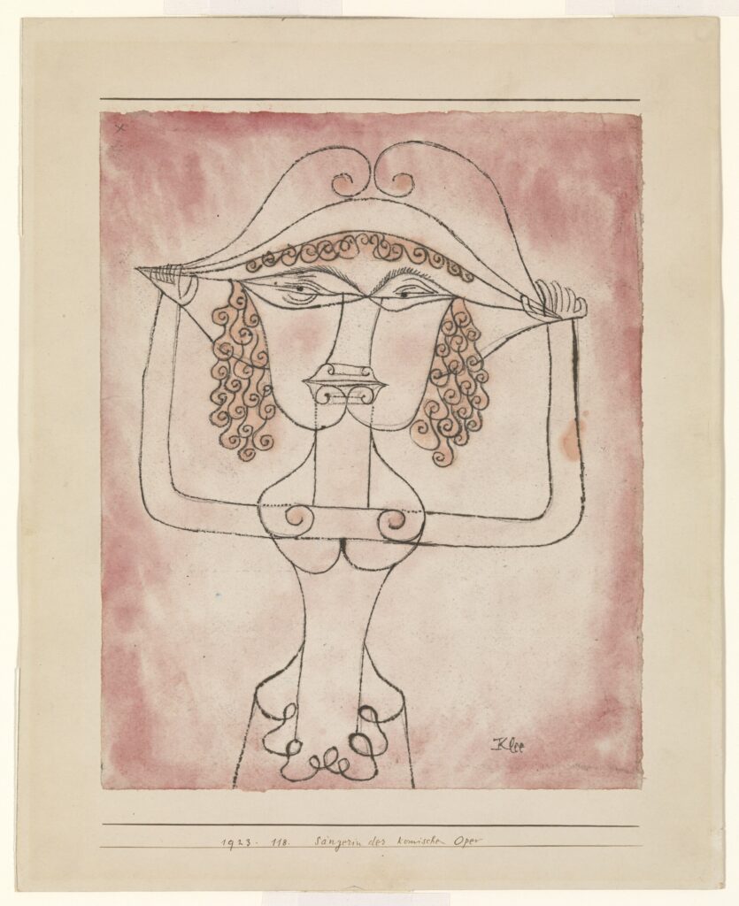 Paul Klee, Singer of the Comic Opera, 1923 Watercolor and ink on paper mounted on cardboard, 11.4 × 9.2 in Solomon R. Guggenheim Museum, New York
