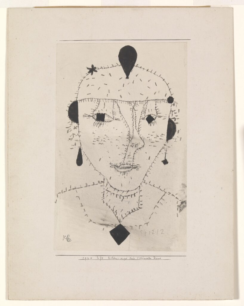 Paul Klee, Portrait Sketch of a Costumed Lady, 1924 Ink and graphite on paper mounted on board, 9.1 × 5.7 in Solomon R. Guggenheim Museum, New York