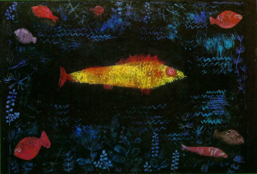 Paul Klee, The Goldfish, 1925 Oil and watercolor on paper mounted on cardboard, 19.5 × 27.2 in Hamburger Kunsthalle