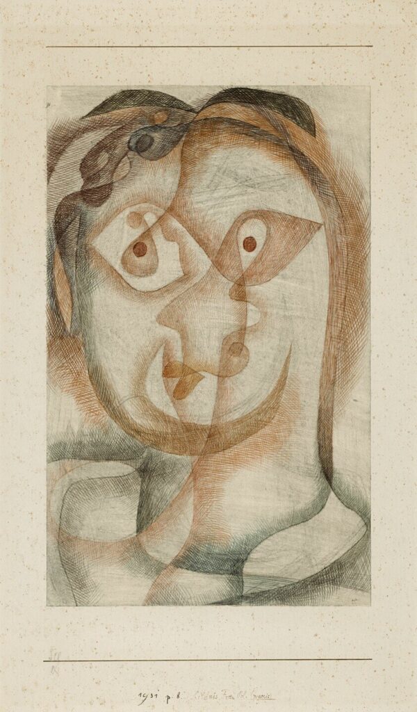 Paul Klee, Portrait of Mrs. Bl., 1931 Pen and black and brown ink and graphite with smudging on off-white wove paper laid down on ivory wove card, 13.3 × 8.3 in Art Institute of Chicago