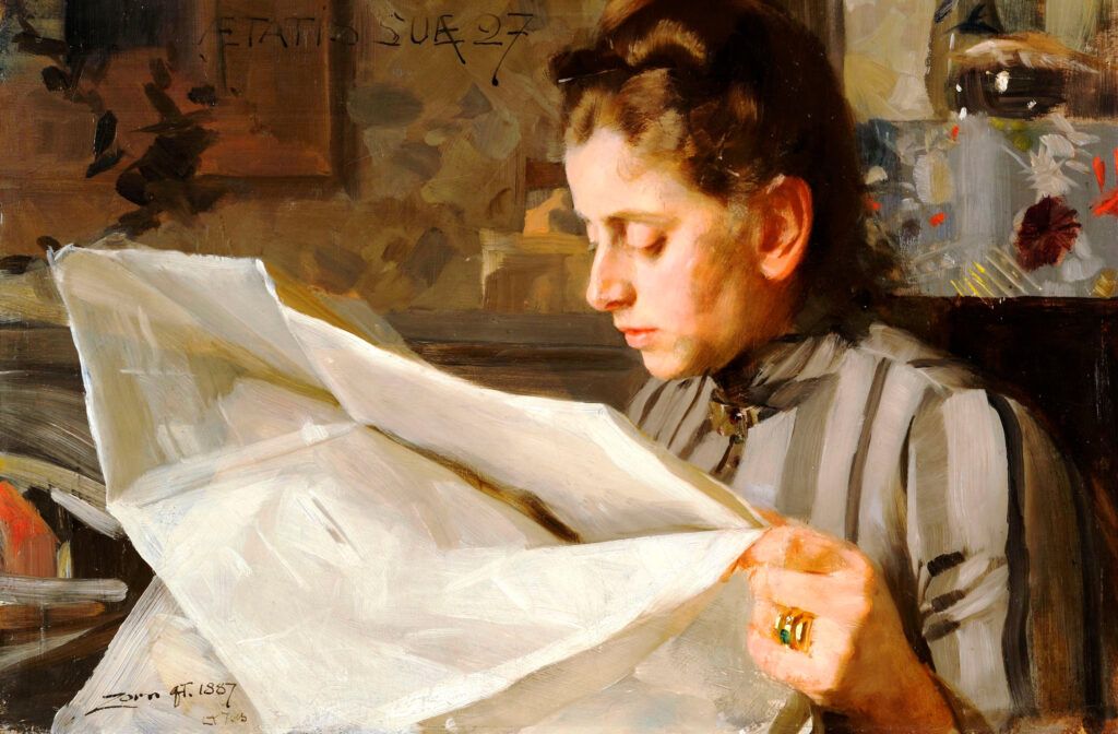 Anders Zorn, Emma Zorn, Reading, 1887 Oil on canvas, 15.8 × 23.9 in Zorn Collections, Mora, Sweden