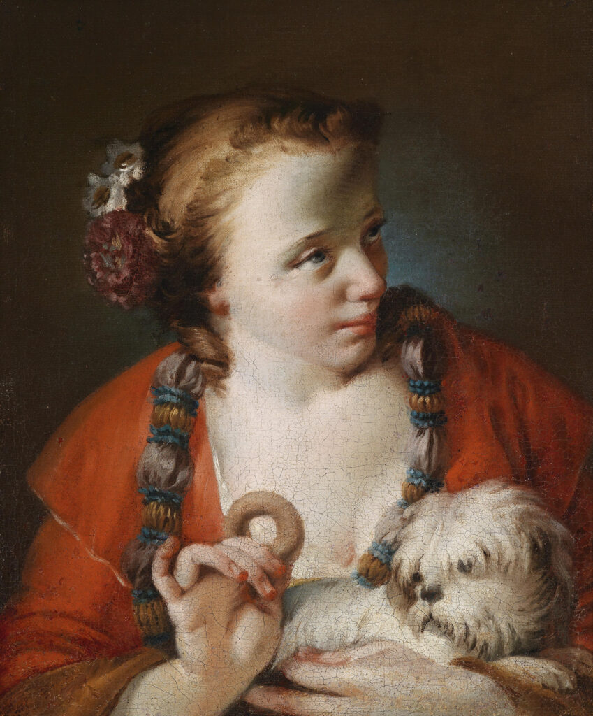 Giovanni Battista Piazzetta (attributed), A Young Woman Offering a Biscuit to a Dog , 18th century Oil on canvas, 18 × 15 in Collection Unknown
