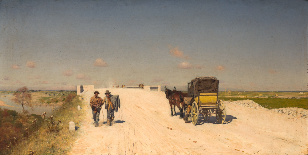 Giuseppe De Nittis, The Road From Naples to Brindisi, 1872 Oil on canvas, 11.6 × 21.4 in Indianapolis Museum of Art at Newfields (Anonymous Loan)