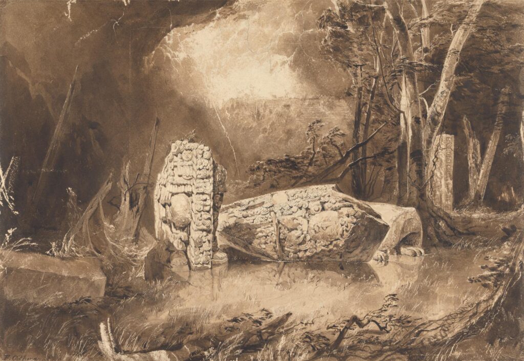 Frederick Catherwood, Maya Stela at Copan, Honduras, 1843 Watercolor, pen and brown ink, brown wash, graphite, and scratching out on paper, 13.7 × 19.9 in Yale Center for British Art, New Haven, Connecticut