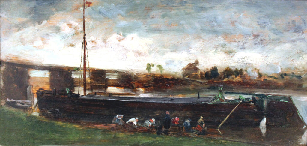 Charles-François Daubigny, Laundresses in Bezon, 1853 Oil on wood, 5.9 × 12.8 in Museum of Fine Arts Leipzig