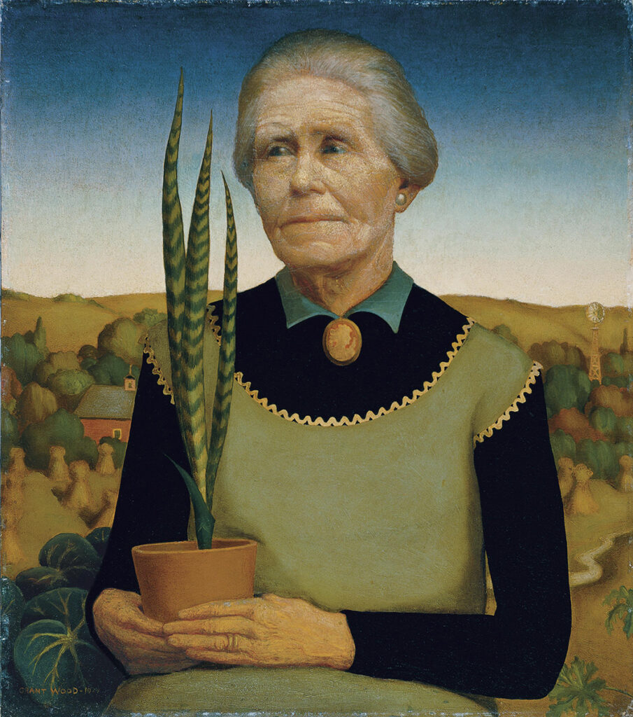 Grant Wood, Woman with Plants, 1929 Oil on Upson board, 20.5 × 17.9 in Cedar Rapids Museum of Art, Iowa