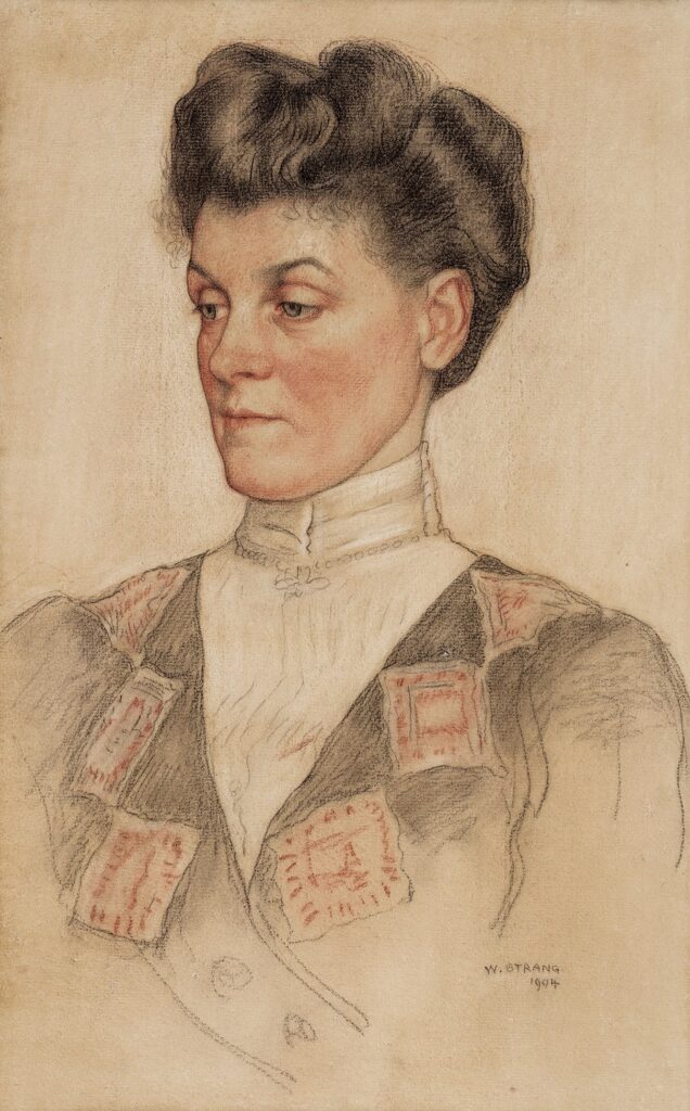 William Strang, The Artist’s Wife (Agnes Rogerson Strang), 1904 Three colored chalks on tinted paper, 23 × 17 in (framed) Private Collection