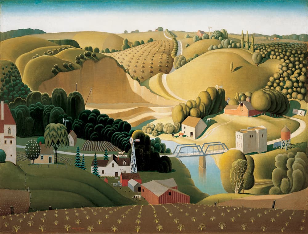 Grant Wood, Stone City, Iowa, 1930 Oil on wood, 30.3 × 40 in Joslyn Art Museum, Omaha, Nebraska