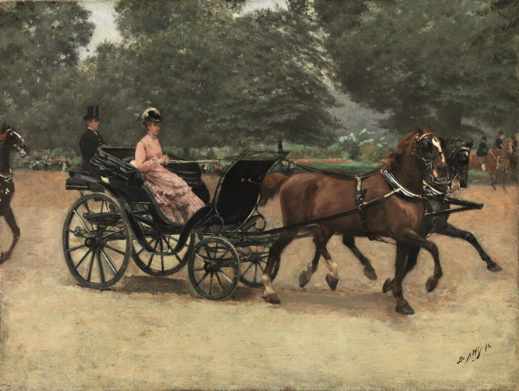 Giuseppe De Nittis, Woman Guiding Her Carriage in the Bois de Boulogne, 1874 Oil on canvas, 12.4 × 16.5 in Private Collection