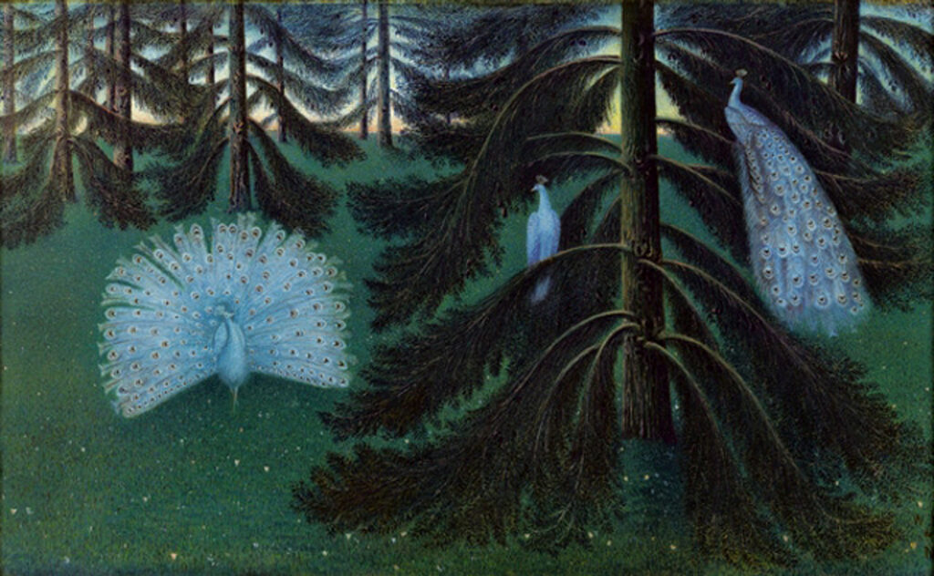 William Degouve de Nuncques, The Peacocks, 1896 Pastel on paper, mounted on canvas, 23.4 × 39 in Royal Museums of Fine Arts of Belgium, Brussels