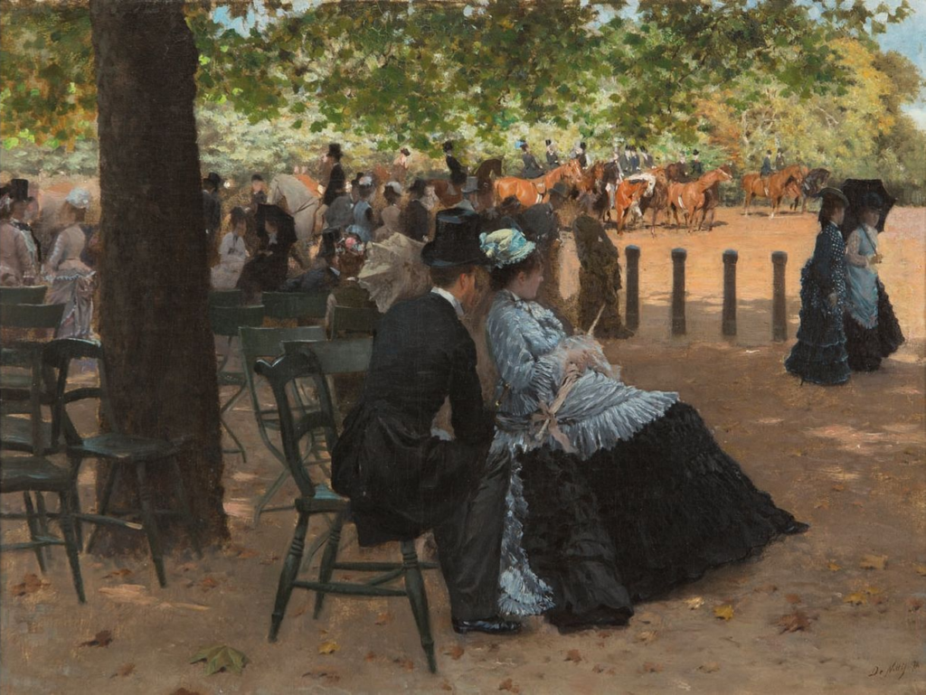 Giuseppe De Nittis, Flirtation, Hyde Park, 1874 Oil on canvas, 13 × 16.9 in Private Collection