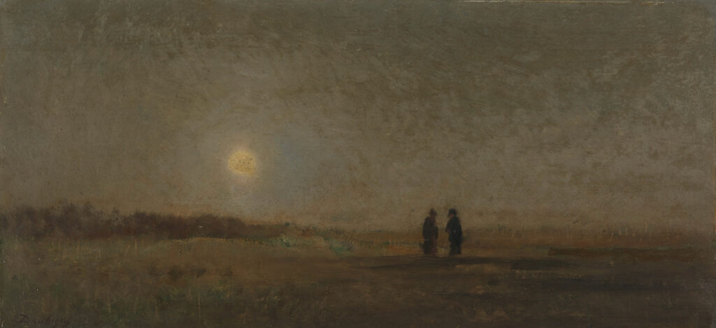 Charles-François Daubigny, Moonlight, Champigny, 1867 Oil on panel, 8.7 × 17.7 in The Mesdag Collection, The Hague