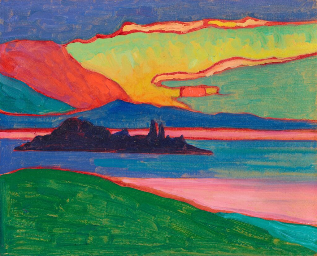 Gabriele Münter, Island in Staffelsee/Sunset Over Staffelsee, 1910 Oil on cardboard, 13 × 16 in Kunsthaus Zürich, Switzerland