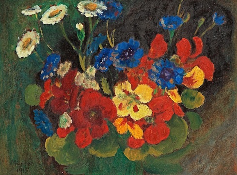 Gabriele Münter, Nasturtiums and Cornflowers, 1915 Oil on cardboard, 9.3 × 11.8 in Private Collection
